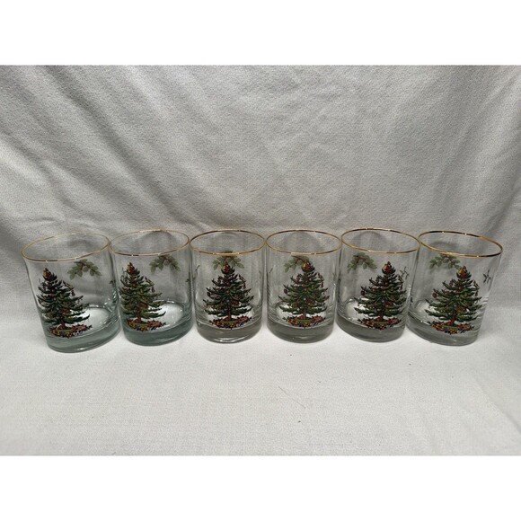 Set of 6 Spode Christmas Tree clear Old Fashion rocks glasses 4.25” cocktail VTG - Picture 2 of 12